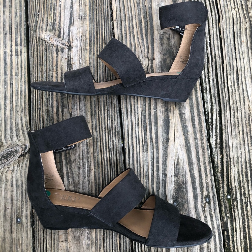 Never worn, black suede women’s sandals